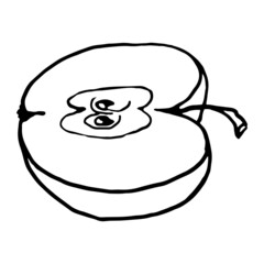 Apple slice, black outline on a white background. Linear vector drawing. Element for the design of cards, prints, textiles and background.