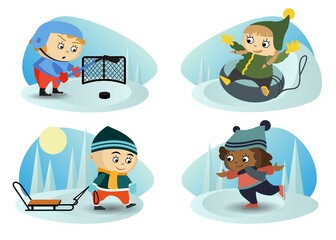 Winter children's outdoor recreation. Hockey game. Riding on an inflatable snow tube. Figure skating on ice. Sledging.