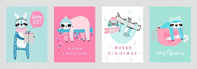 Christmas cards with Cute Sloths celebrating Christmas eve, handwritten letterings and other elements. Funny characters. © avian