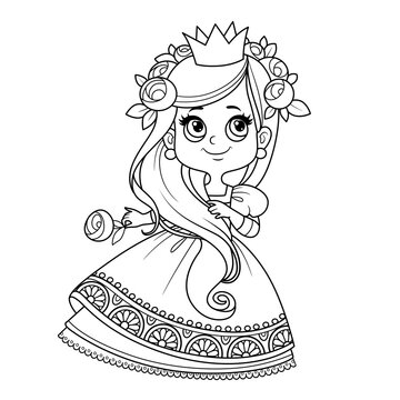 recommend clip art: Cute princess with long hair in ball dress outlined for coloring book