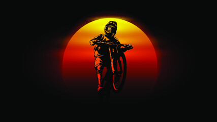 isolated mtb biker sump sunset background vector illustration