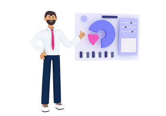 Businessman presenting new project, showing graphs and pie charts. meeting, business presentation, trainings concept. 3d render illustration