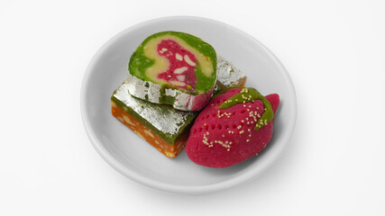 Indian Mithai on white background. Sweets consumed during indian festival Diwali.