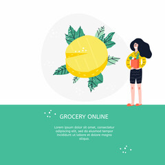 Woman holding package box with groceries. Hand drawn vector Illustration. Banner or website template