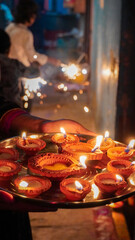 Obraz na płótnie Canvas Deepavali oil lamps.Colorful diwali diyas during indian festival.
