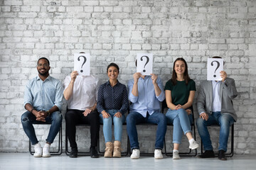 Winners of contest. Happy smiling job applicants of different gender race being chosen on vacant places among diverse candidates, three lucky people are recruited while other seekers lost their chance