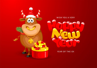 Fototapeta na wymiar Cute cheerful cartoon ox, with festive christmas decorations, symbol new 2021 year by eastern calendar, with gift box and text Happy New Year. Greeting card design. Comic style. Vector illustration.
