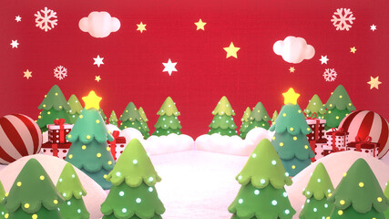 Cartoon Christmas land. Merry Christmas and Happy New Year greeting card. 3d rendering picture.