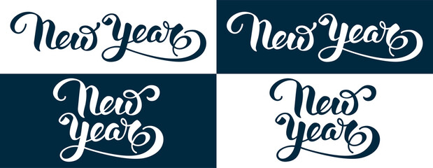 Happy New Year artistic and unique lettering in calligraphy style. Handwriting by brush typography set. Easy to use for any designs for Christmas and New Year celebrations. Vector illustration.