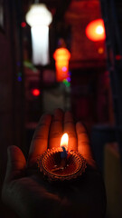 Deepavali oil lamps.Colorful diwali diyas during indian festival.