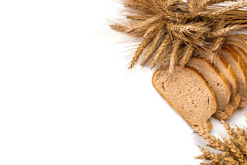 Traditional bread. Fresh loaf of rustic traditional bread with wheat grain ear or spike plant...