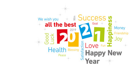 Happy New Year 2021 colorful negative space numbers word cloud text white isolated background vector