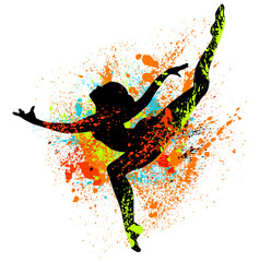 Fototapeta na wymiar Beautiful dancing girl in bright multicolored splatters.