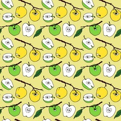 Sample of a seamless pattern. Dark green and dark yellow apples on twigs with leaves, apples cut in half on a light yellow-green background.