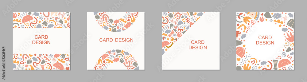 Aufkleber scandinavian cards set , flyer template with hand drawn abstract shapes on white background. trendy 
