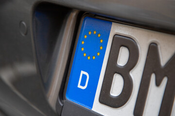 close-up of German number plate showing D for Germany and the stars banner of European Union