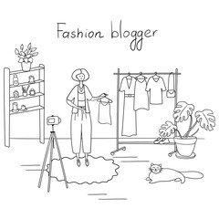 Fashion blogger. Young woman is recording video for her followers. Girl tells how to dress stylishly. Vector linear illustration