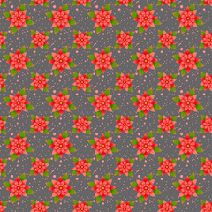 Fototapeta na wymiar Vector red flowers with watercolor splashes on a gray background. Vector floral stylish pattern in Christmas style.Design for New Year, Christmas, wrapping paper, fabric, for scrapbooking