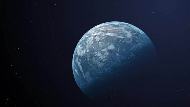 Zoom out of Earth viewn in space. showing the change from day to night in the eastern hemisphere