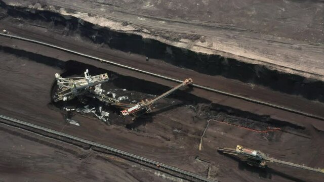 Rotation around of a mining quarry of coal or natural raw material. Bucket wheel excavator