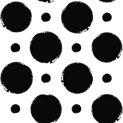 Vector polka dots seamless pattern, hand drawn black watercolor stains. Ink doted background, isolated on white.