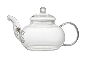 Empty glass teapot on white background close up