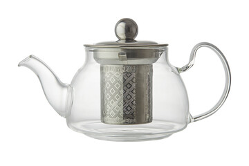 Empty glass teapot on white background close up