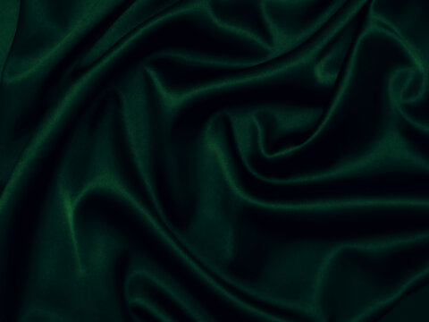 Deep, Rich, Emerald Coloured Satin. Folded And Flowing Background. Decoration Design. Soft Focus. Luxury And Sexy Concept. Dark Green Silk Backdrop With Curves, Luxury Fashion.