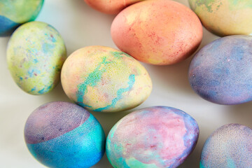Group of easter painted eggs on white background