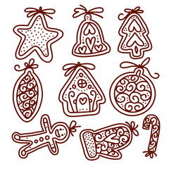 Hand drawn sketch traditional Christmas cookies set. Hand bell. gingerbread men, house and christmas tree. Collection of vector hand made line illustration.
