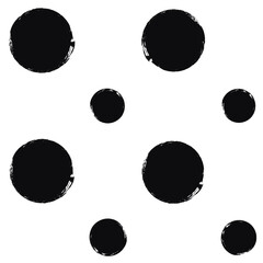 Vector polka dots seamless pattern, hand drawn black watercolor stains. Ink doted background, isolated on white.