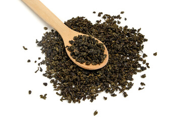 wooden spoon green Tea isolated on a white background