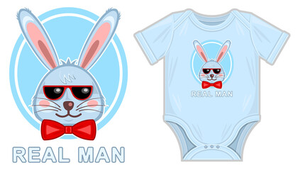 Head of bunny with sunglasses inscription real man, clothes for newborn mockup isolated. Flat cartoon vector illustration.