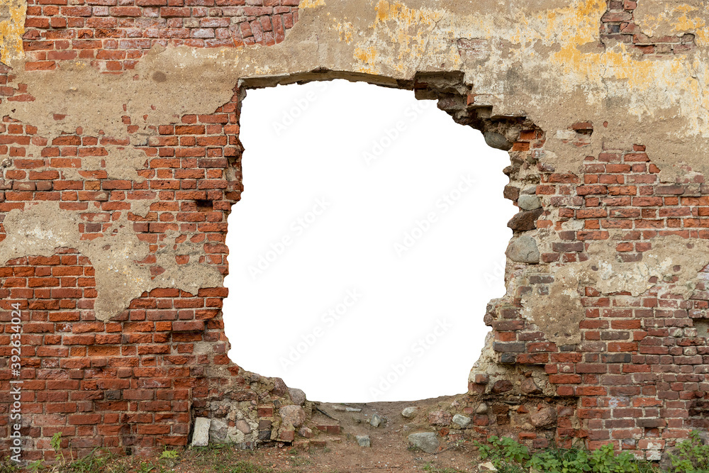 Poster old brick wall with a hole in the middle. isolated on white background