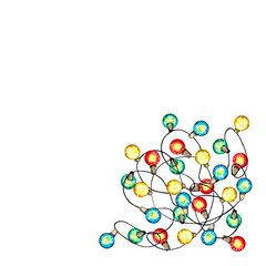 Corner frame of colored lights. Christmas New Year Party lamps in garland for DIY card or holiday decor. Watercolor hand painted isolated elements on white background.