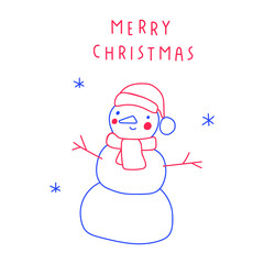 Snowman. Merry Christmas. Vector outline illustration. Best for greeting cards design. 