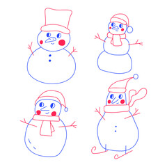 Set of cute snowman. Vector outline illustrations. Christmas concept. Best for greeting cards design. 
