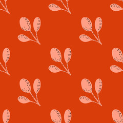 Pink hand drawn branches ornament seamless botanic pattern. Floral print with bright red background.