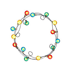 Round frame of colored lights. Christmas New Year Party lamps in garland for DIY card or holiday decor. Watercolor hand painted isolated elements on white background.