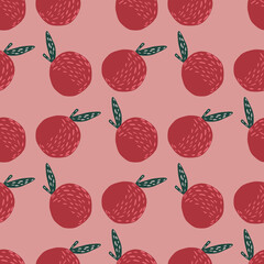 Seamless random pattern in pink palette with doodle apple ornament. Hand drawn fruits backdrop.