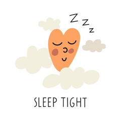 Cute sleeping heart. Sleep tight. Hand drawn illustration for greeting card, textile, nursery.