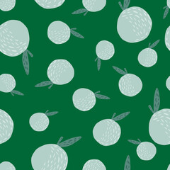 Random seamless pattern with decorative blue apples shapes. Green background. Summer abstract backdrop.