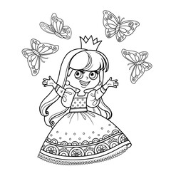 Cute princess in ball dress surrounded by butterflies outlined  for coloring book