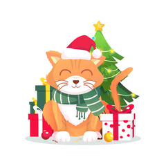 Christmas cat with gifts vector illustration