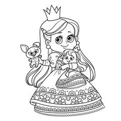 Cute blond princess with doll and soft toy pig outlined for coloring book