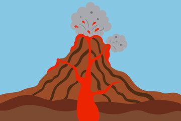 Drawing of an erupting volcano spewing lava and steam, cross section vector diagram