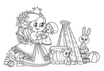 Cute blond princess playing with dolls outlined for coloring book