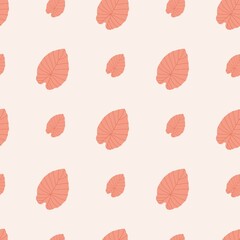 Isolated seamless pattern with doodle abstract leaf silhouettes. Pink pastel foliage ornament on light background.