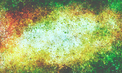grunge bright saturated chaotic grainy background with spots and blots of green, yellow, red colors. contrasting backdrop with a light spot in the center