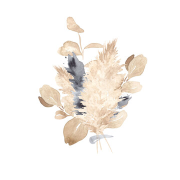 Watercolor bouquet of multicolored pampas grass and eucalyptus twigs. Perfect for printing, web, textile design, photo albums, various souvenirs and other creative projects.